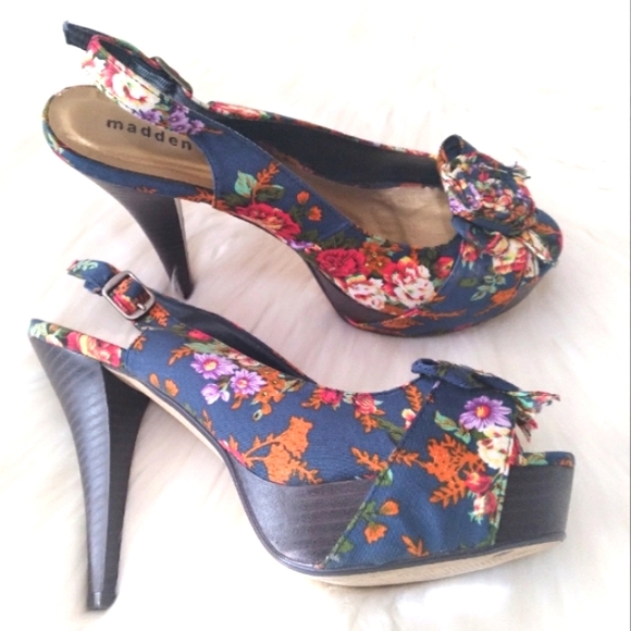 Madden Girl Shoes - Madden Girl Women's Hizzie Blue Floral Peep Toe Slingback Heels Sz 8M